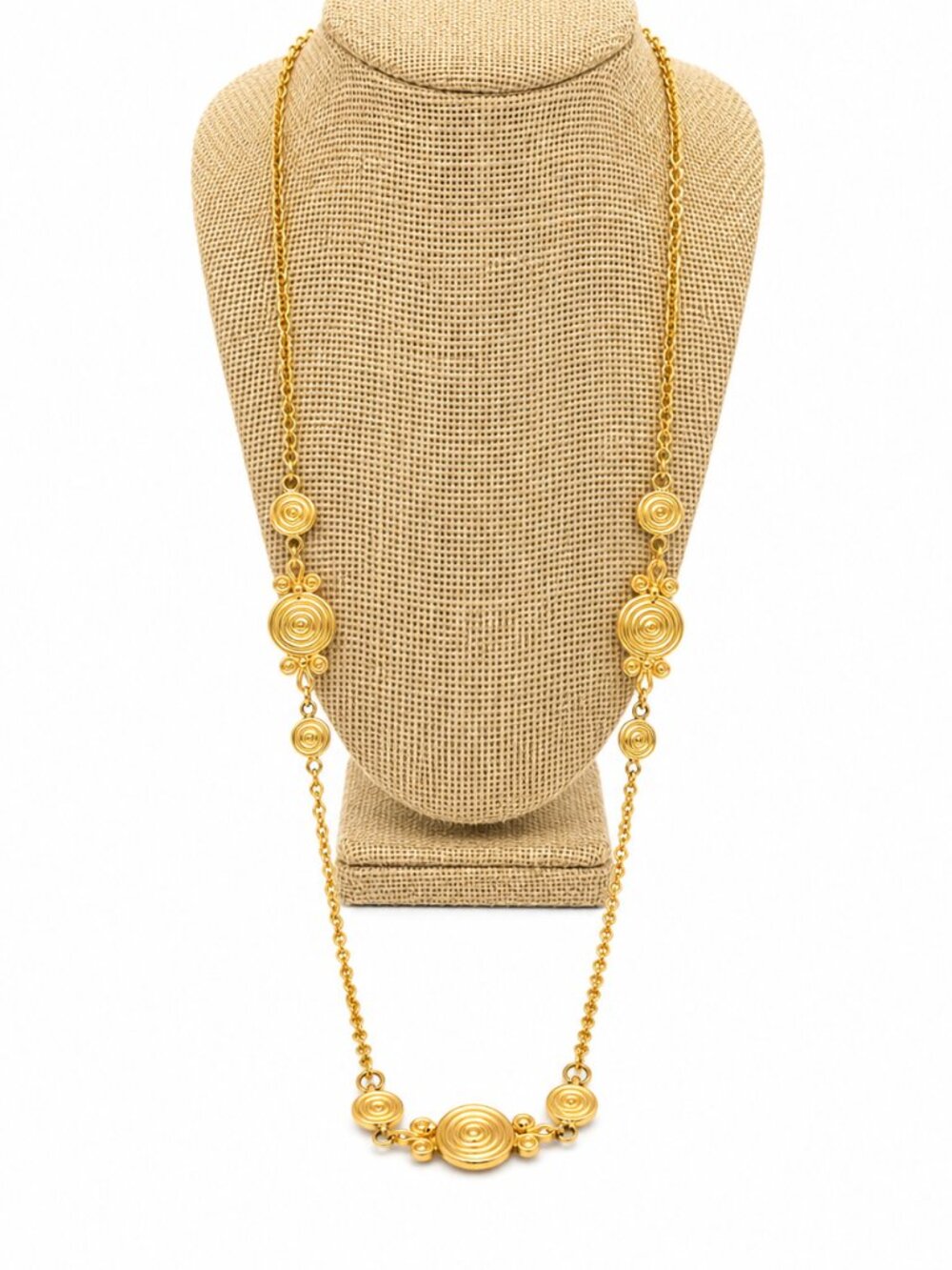 VINTAGE STATION NECKLACE Gold Tone Spiral Medallion Long Chain Etruscan Style